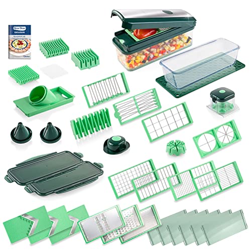 Genius Nicer Dicer Exclusive Gemüseschneider – 32-tlg | Würfelschneider + Tomatenschneider in einem Set mit 8 Einsätzen + Reibe & Hobel | inkl. Glasschüssel-Set