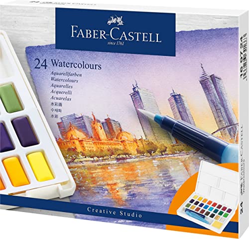 Faber-Castell 169724 - Aquarellfarben, 24 Farbnäpfchen, inkl. Mischpalette und Wassertankpinsel