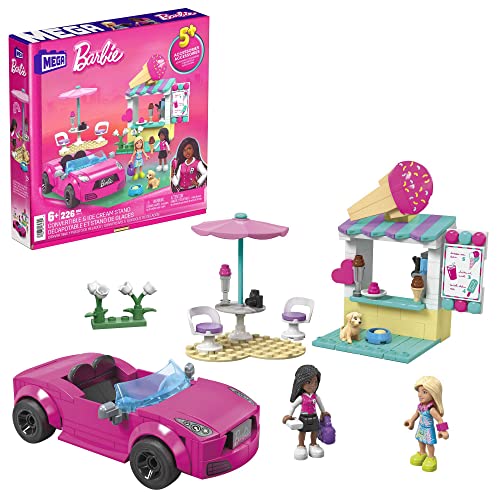 MEGA Barbie Autobauspielzeug Spielset, Cabrio & Eisständer mit 225 Teilen, 2 Mikropuppen und Zubehör, Pink, Geschenkideen für Kinder, HPN78 im Sale