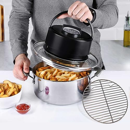 Go Fryer - Air Fryer Deckel - mit einem Handgriff vom Topf zur Heißluftfritteuse - 22-27 cm Durchmesser - Touchdisplay - 4 Programme - individuell einstellbare Temperatur- & Zeiteinstellung – 1400W