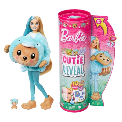 BARBIE Cutie Reveal Puppe - 10 Überraschungen, Plüschtierfreunde, Outfits, Farbwechselspaß, Teddybär in Delfin-Plüschkostüm, Colorblock-Haare, Mini-Haustier, Fleece-Jacke, ab 3 Jahren, HRK25 im Sale