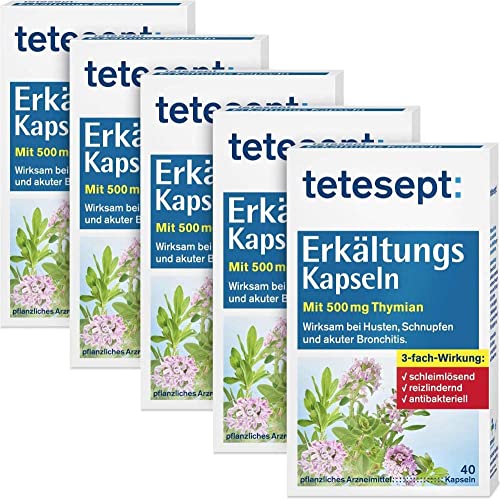 tetesept Erkältungs Kapseln – Erkältungsmittel wirksam bei Husten, Schnupfen und akuter Bronchitis – 3-fach-wirkendes, pflanzliches Arzneimittel mit Thymian – 5 x Stück im Sale