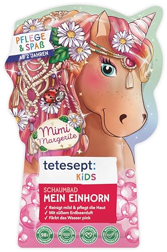 tetesept Kids Badespaß Schaumbad Mein Einhorn – Pflegender Badezusatz für Kinder mit fruchtigem Erdbeerduft - 2 verschiedene Designs im gemischten Karton – 15er Pack (15 x 40 ml)