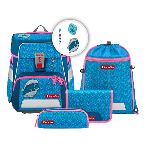 Step by Step Schulranzen-Set Space „Dolphin Pippa“ 5-teilig, ergonomischer Tornister, höhenverstellbar mit Hüftgurt, für die Grundschule, ab der 1. Klasse, 20L, blau-türkis, Delfin-Design im Sale