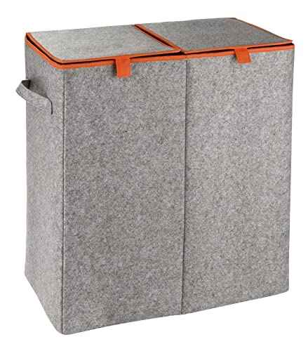 WENKO Wäschesammler Duo Grau/Orange, stabiler Wäschekorb aus recyceltem Filz mit 2 Fächern & separaten Klappdeckeln, Tragegriff für einfachen Transport, 82 Liter Volumen, (B x H x T): 52 x 54 x 28 cm im Sale