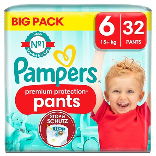 Pampers Premium Protection Pants Größe 6, 32 Windeln, 15kg+, Komfort und Schutz mit den Pampers Pants für einfaches Anziehen