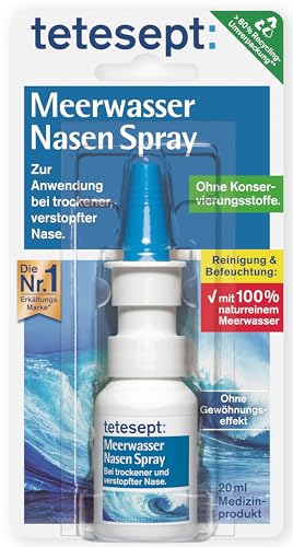 tetesept Meerwasser Nasen Spray – Nasenspray zur Reinigung der verstopften & natürlichen Befeuchtung trockener Nasenschleimhäute – Nasenpflegespray bei Erkältung - 1 x 20 ml (1er Pack) im Sale