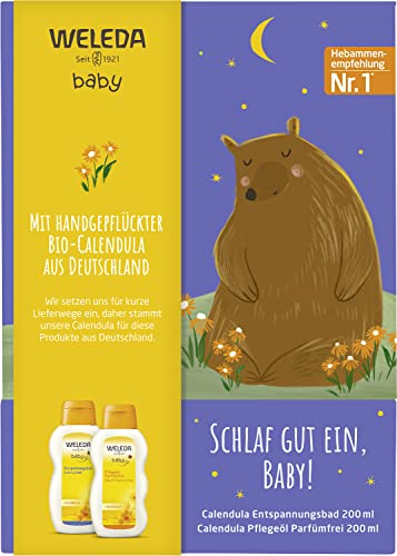 WELEDA Bio Baby Geschenk Set ENTSPANNUNG – Naturkosmetik Babypflege Geschenkbox bestehend aus Calendula Pflegeöl & Entspannungsbad. Optimales Pflegeset zur täglichen Pflege von Babys & Kleinkindern im Sale