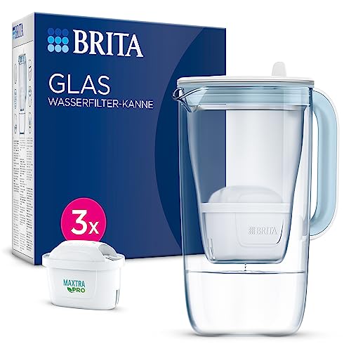 BRITA Glas Wasserfilter-Kanne hellblau (2,5l) inkl. 3X MAXTRA PRO All-in-1 Kartusche – Premium Design Wasserfilter Glas, robust & leicht/reduziert Kalk, Chlor, Metalle wie Blei & Kupfer im Sale