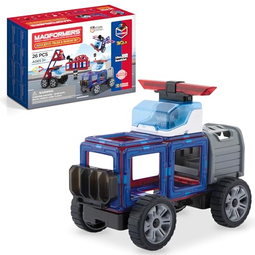 Magformers Amazing Police And Rescue Magnetic Building Blocks Tile Toy. Makes Cars And Buildings In A Police Theme. A STEM Toy For Children Aged 4+. With Police Character And Car.