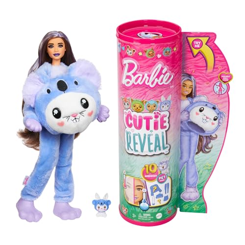 BARBIE Cutie Reveal Puppe - 10 Überraschungen in einer Verpackung, Plüschtierfreunde, Hase in Koala-Plüschkostüm, bewegliche Gelenke, Zubehör und Mini-Haustier, ab 3 Jahren, HRK26 im Sale