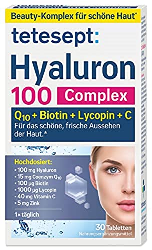 tetesept Hyaluron 100 Complex – Nahrungsergänzungsmittel mit Q10 + Biotin + Lycopin + Vitamin C - für das schöne, frische Aussehen der Haut* – 1 x 30 Tabletten im Sale