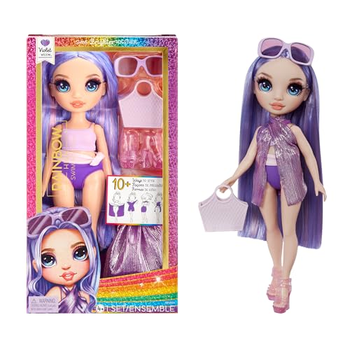 Rainbow High Swim & Style - Violet (Lila) - 28 cm Große Puppe mit Schimmerndem Pareo, auf 10+ Arten zu tragen - Ausziehbarer Badeanzug, Sandalen, Spielzubehör - Spielzeug - Ideal für 4 bis 12 Jahre