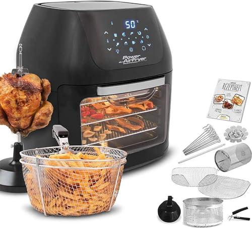 PowerXL Air Fryer Multi-Function Deluxe – Heißluft-Fritteuse zum Frittieren ohne Öl – 6-in-1 auch als Dörrautomat, zum Grillen u. v. m. – bis zu 80% weniger Fett - 9 Liter - 28 tlg.