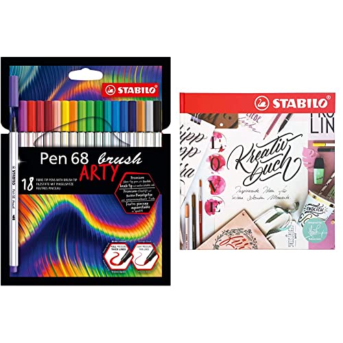 Stifte-Set STABILO Kreativbuch von Hannah Rabenstein & Premium-Filzstift mit Pinselspitze für variable Strichstärken - Pen 68 brush - ARTY - 18er Pack