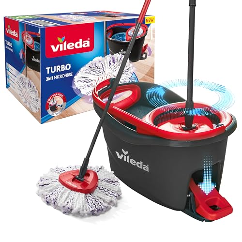 Vileda Turbo 3in1 Komplett Set, Wischmopp mit 3in1 Mikrofaser-Moppkopf, Eimer mit Schleuder, Teleskopstiel: 85 – 123 cm, entfernt 99 % der Bakterien, nachhaltiges Wischsystem, Vileda Love it Clean im Sale