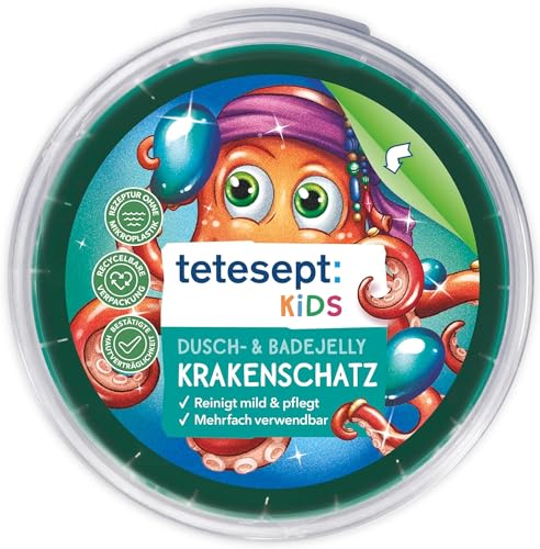 tetesept KIDS Dusch- und Badejelly Krakenschatz – Lustiger Waschglibber zum Duschen und Baden – Jelly mit glibbriger Konsistenz, mehrfach verwendbar – 6 x 100 g