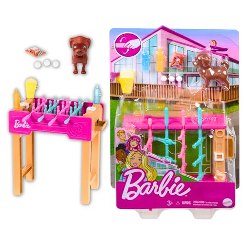 Barbie GRG77 - Mini-Spielset mit Haustier, Zubhörteilen und funktionierendem Tischfußball-Spiel, Thema Spielabend, Geschenk für Kinder von 3 bis 7 Jahren im Sale