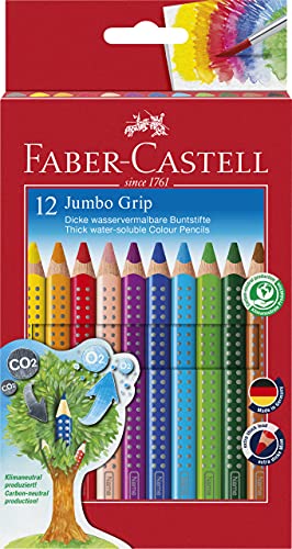 Faber-Castell 110912 - Jumbo Buntstifte Set Grip, 12-teilig, dreikant, bruchsicher, für Kinder und Erwachsene