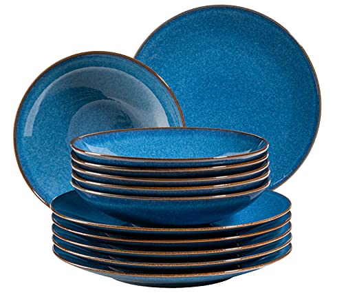 MÄSER 931734 Ossia, Teller-Set für 6 Personen im mediterranen Vintage-Look, 12-teiliges modernes Tafelservice mit Suppentellern und Speisetellern in sandigem Grau, Keramik, Sandgrau im Sale