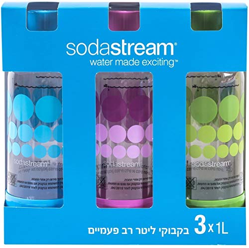 Original Sodastream Three Pack 1 Liter Carbonating Bottles - Lasts 2 years - Purple, Blue, and Green by SodaStream