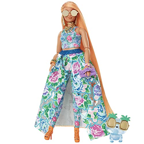 Barbie Extra Fancy, kurvige langen erdbeerblonden Haaren, zweiteiliges Outfit, blaue Katze, rosa Handtasche, Ananas-Sonnenbrille, inkl Puppe, als Geschenk geeignet,HHN14 im Sale