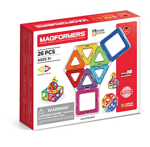 Magformers 26-Piece STEM Magnetic Tiles Toy, Used in Schools for Maths and Geometry, Rainbow-Coloured Squares and Triangles with Rotating Magnets.