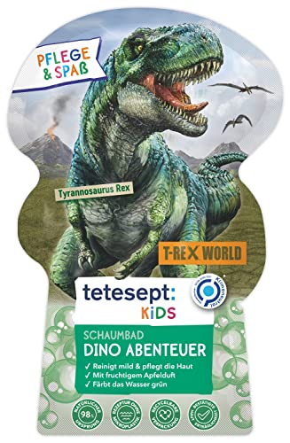 tetesept Kids Schaumbad Dino Abenteuer mit fruchtigem Apfelduft und pflegender Aloe Vera – dinostarker T-Rex-World Kinder Badespaß mit Badeschaum und grünem Wasser – 1 x 40 ml im Sale