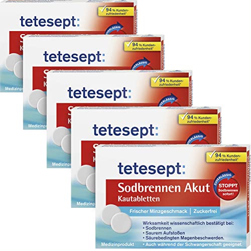 tetesept Sodbrennen Akut Kautabletten – 5 x 20 Tabletten – mit frischem Minzgeschmack, zuckerfrei – schnell wirkende Magentabletten gegen Sodbrennen im Sale