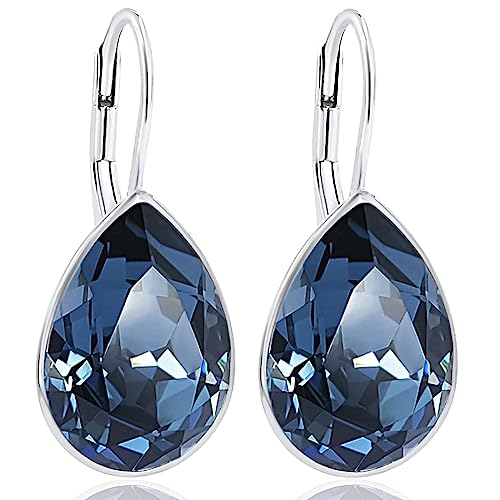 Kurze Tropfen Ohrringe 925 Silber dunkelblau Swarovski Kristall minimalistischer Schmuck blauer Stein NOBEL SCHMUCK im Sale