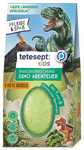 tetesept KIDS Badeüberraschung Dino Abenteuer - Sprudelnde Badekugel mit fruchtigem Limettenduft und Dino-Sammelfigur - Dinostarker Badespaß und grünes Wasser - 6 x 188 g