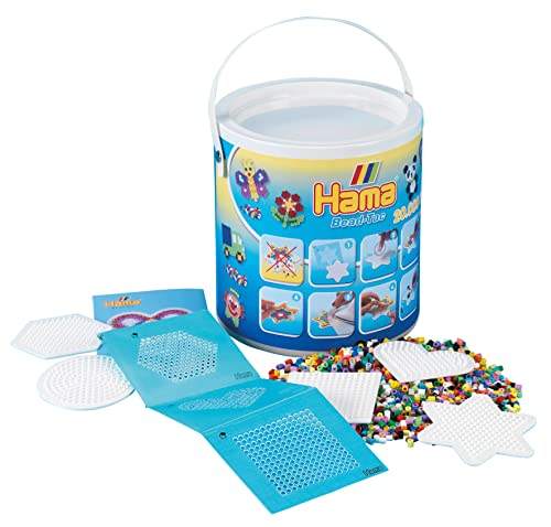 Hama Perlen 7701 Set mit Eimer und ca. 20.000 bunten Midi Bügelperlen mit Durchmesser 5 mm im Grundfarben Mix, 5 Stiftplatten, inkl. Bügelpapier, kreativer Bastelspaß für Groß und Klein im Sale