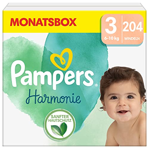 Pampers Baby Windeln Größe 3 (6-10 kg) Harmonie, MONATSBOX, Sanfter Hautschutz Und Pflanzenbasierte Inhaltsstoffe, 204 Stück