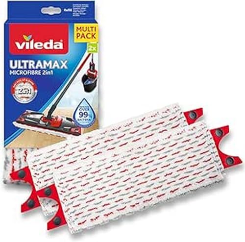 Vileda Ultramax Power Wischer Nachfüllpack, Mikrofaser, Blanc/Rouge Nachfüllpackung für Flachbesen, weiß/rot, 2 Stück (1er Pack) im Sale