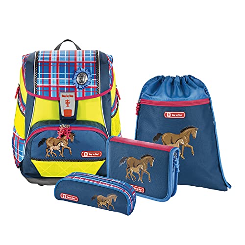 Step by Step Schulranzen-Set 2IN1 DIN „Horse Family“ 4-teilig, blau-rot, Pferde, ergonomischer Tornister mit Reflektoren, höhenverstellbar mit Hüftgurt für Mädchen ab der 1. Klasse, 19L im Sale