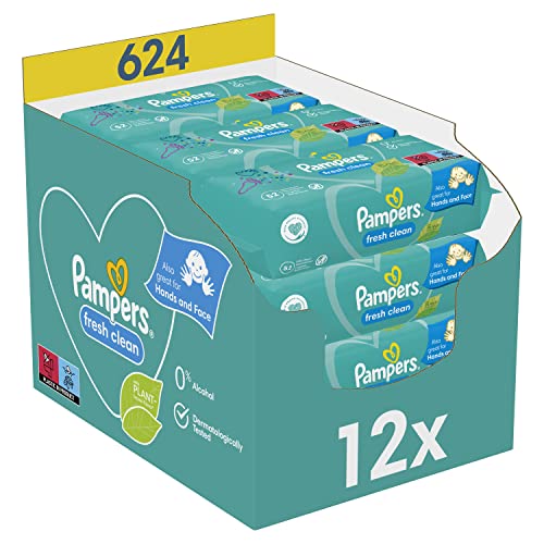 Pampers Fresh Clean Feuchttücher 12 Packungen (12 x 52 Stück), 624 Feuchttücher, milder Duft, auch für Hände und Gesicht geeignet