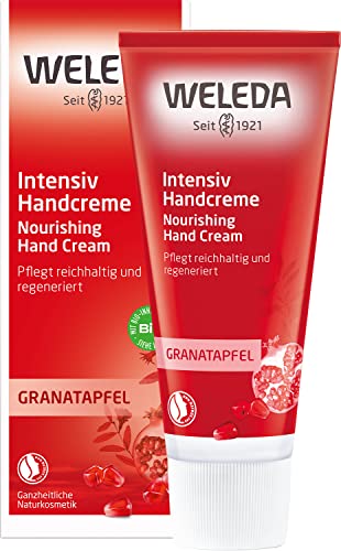 WELEDA Bio Intensiv Handcreme Granatapfel - Naturkosmetik Handpflege Creme beugt Pigmentflecken vor, Nachhaltige Feuchtigkeitscreme mit Sheabutter & Orange-Vanille Duft für trockene Hände (1x 50ml) im Sale