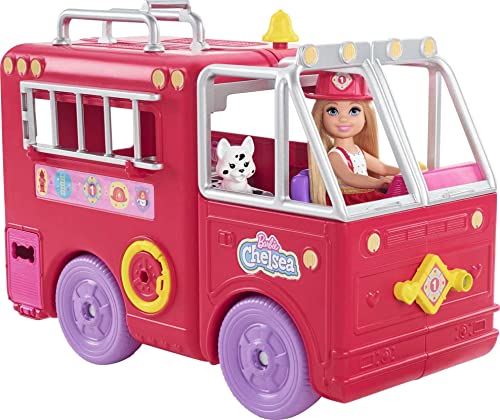 Barbie Chelsea Can Be Serie, Chelsea Puppe mit Feuerwehrauto, Feuerwehr Outfit Zubehör, 12+ Teile inkl. Dalmatiner, Geschenk für Kinder, Spielzeug ab 3 Jahre,HCK73 im Sale