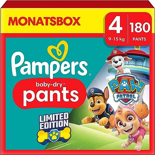 Pampers Windeln Paw Patrol Pants Größe 4 (9-15kg) Baby-Dry, Maxi mit Stop- und Schutz Täschchen, MONATSBOX, 180 Höschenwindeln