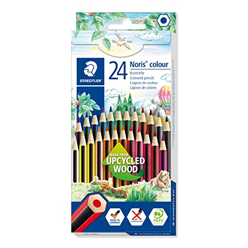 STAEDTLER Buntstifte Noris colour, rutschfeste Soft-Oberfläche, hohe Bruchfestigkeit, Made from Upcycled Wood, intensive Farben, Sechskantformat, 24 Farbstifte im Kartonetui, 185 CD24