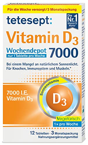 tetesept Vitamin D3 7000 Wochendepot – Vitamin D Tabletten bei einem Mangel an natürlichem Sonnenlicht – Nahrungsergänzungsmittel für Knochen, Immunsystem & Muskeln – 1 x 12 Tabletten im Sale