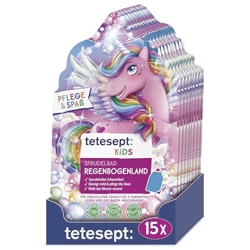 tetesept KIDS Sprudelbad Regenbogenland - 15 x 40 g - Sprudelndes Schaumbad mit fruchtigem Duft – Kinder Badespaß mit buntem Badeschaum und rosarotem Wasser – 15 x 40 g