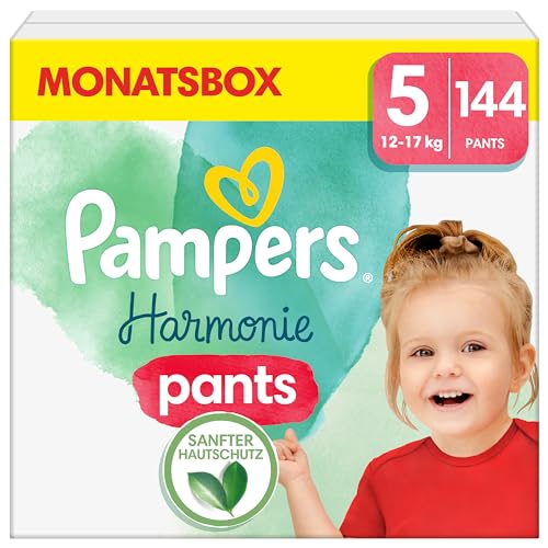 Pampers Harmonie Windeln Pants Baby, Größe 5 (12kg-17kg), Monatsbox, sanfter Hautschutz und pflanzenbasierte Inhaltsstoffe, 144 Höschenwindeln