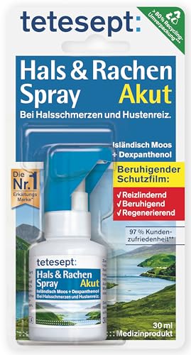 tetesept Hals & Rachen Spray - Spray mit Isländisch Moos und Dexpanthenol - zur Befeuchtung & Linderung bei Halsschmerzen, Husten und Heiserkeit - 1 x 30 ml