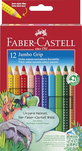 Faber-Castell 110912 - Jumbo Buntstifte Set Grip, 12-teilig, dreikant, bruchsicher, für Kinder und Erwachsene