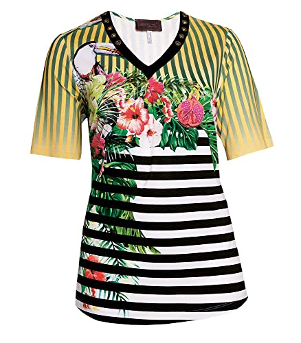 Sempre Piu Kurzarm Shirt Damen Gelb Blumen und Loch-Nieten große Damen im Sale