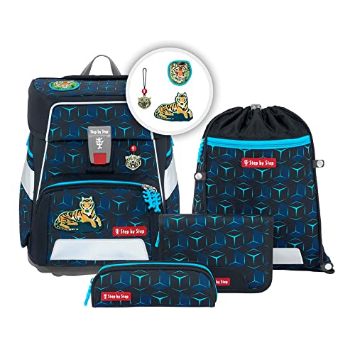 Step by Step Schulranzen-Set SPACE SHINE „Tiger Night Kimba“ 5-teilig, ergonomischer Tornister mit Reflektoren, höhenverstellbar mit Hüftgurt, Grundschule, 1. Klasse, 20L, blau-schwarz im Sale