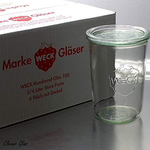 Weck 6 Einkochgläser Einmachglas 3/4 ltr. Sturzform RR100 (Glasdeckel) im Sale