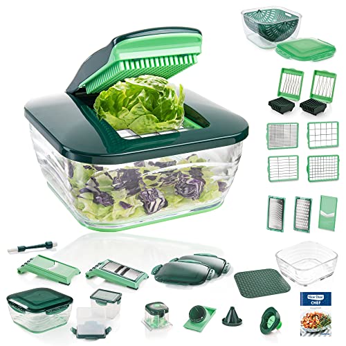 Genius Nicer Dicer Chef Deluxe XXL 37-teilig mit Glasschüssel-Set, Tomaten-Gemüse-Schneider & 3in1 Siebschüssel - Zerkleinerer Zwiebelschneider Pommesschneider, Grün im Sale