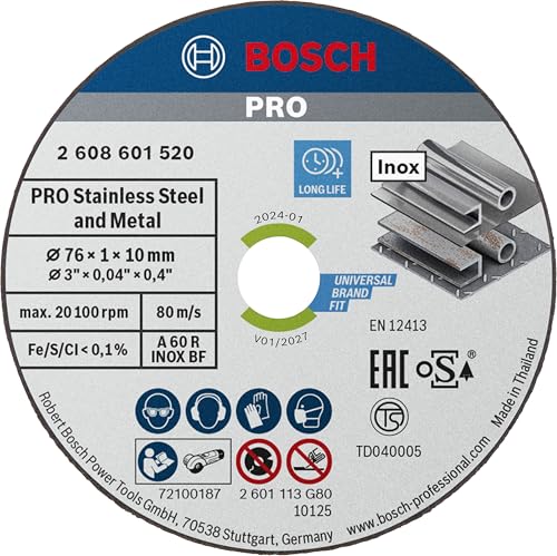 Bosch 5x PRO Stainless Steel and Metal Speed Thin Trennscheibe für Mini-Winkelschleifer und 10 mm Bohrung (für Stahl, Edelstahl, Ø 76 mm, Professional Zubehör Mini-Winkelschleifer) im Sale